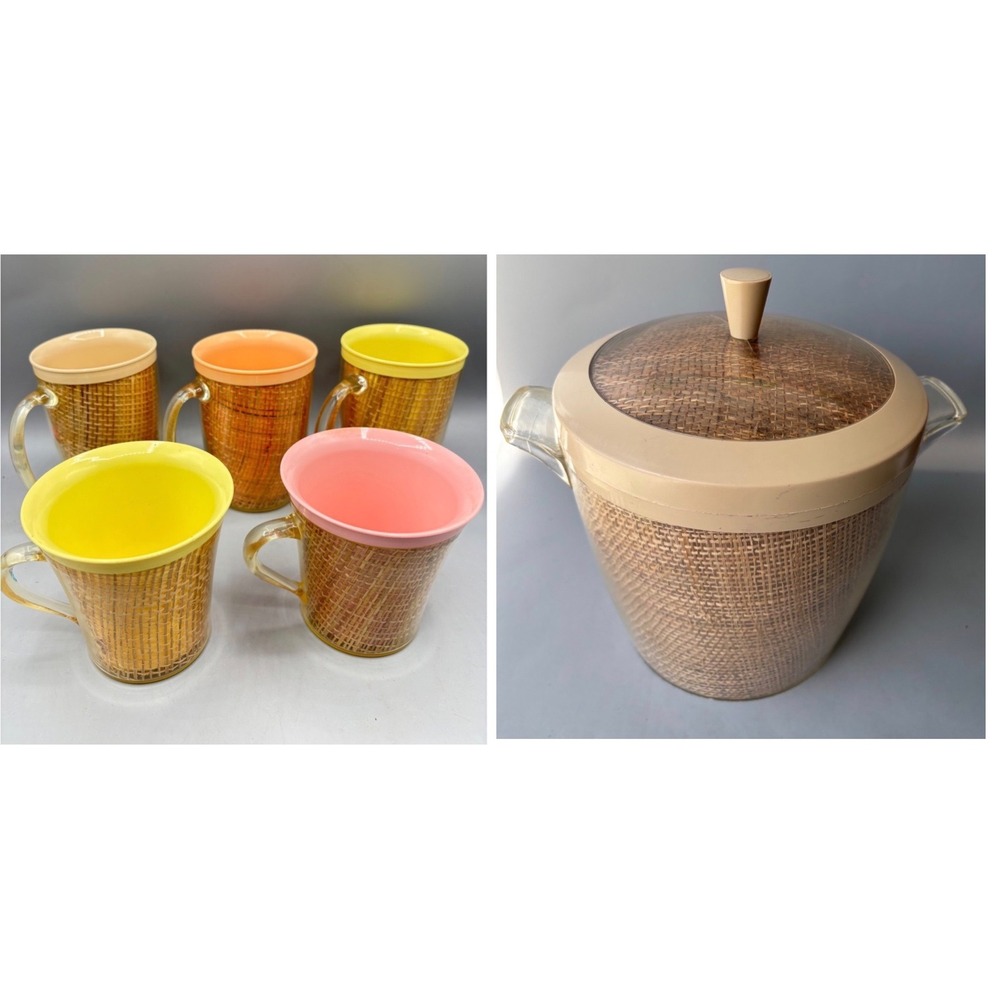 Vintage Raffia Weave Insulated Plastic Mugs Set of 5 Pastel Ice Bucket